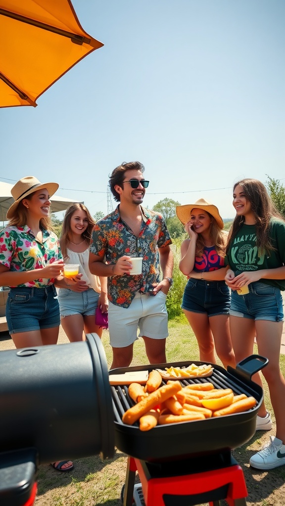 Friends enjoying a barbecue in 90s outfits with colorful patterns and styles.